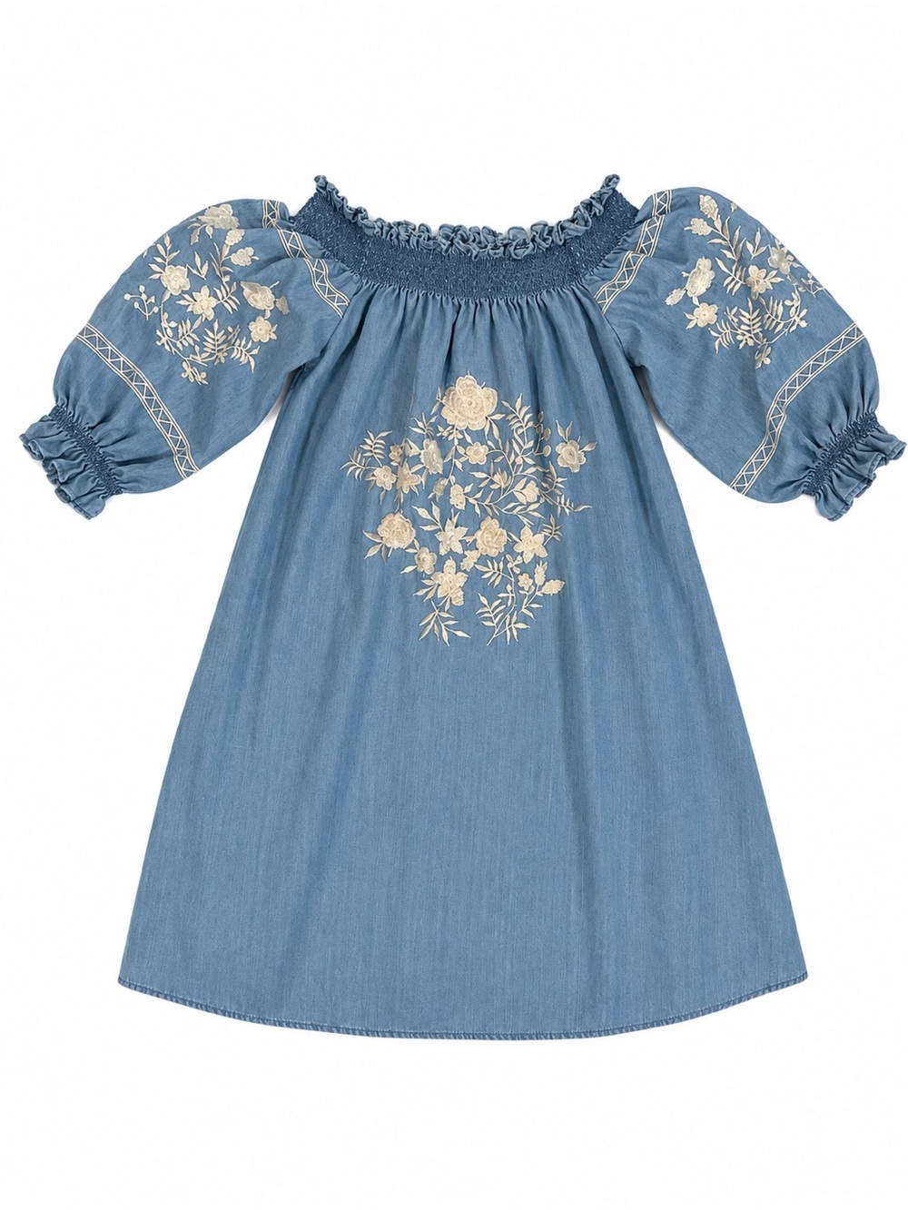 Women’s Zara Blue Denim Dress with Cream Floral Embroidery size xs